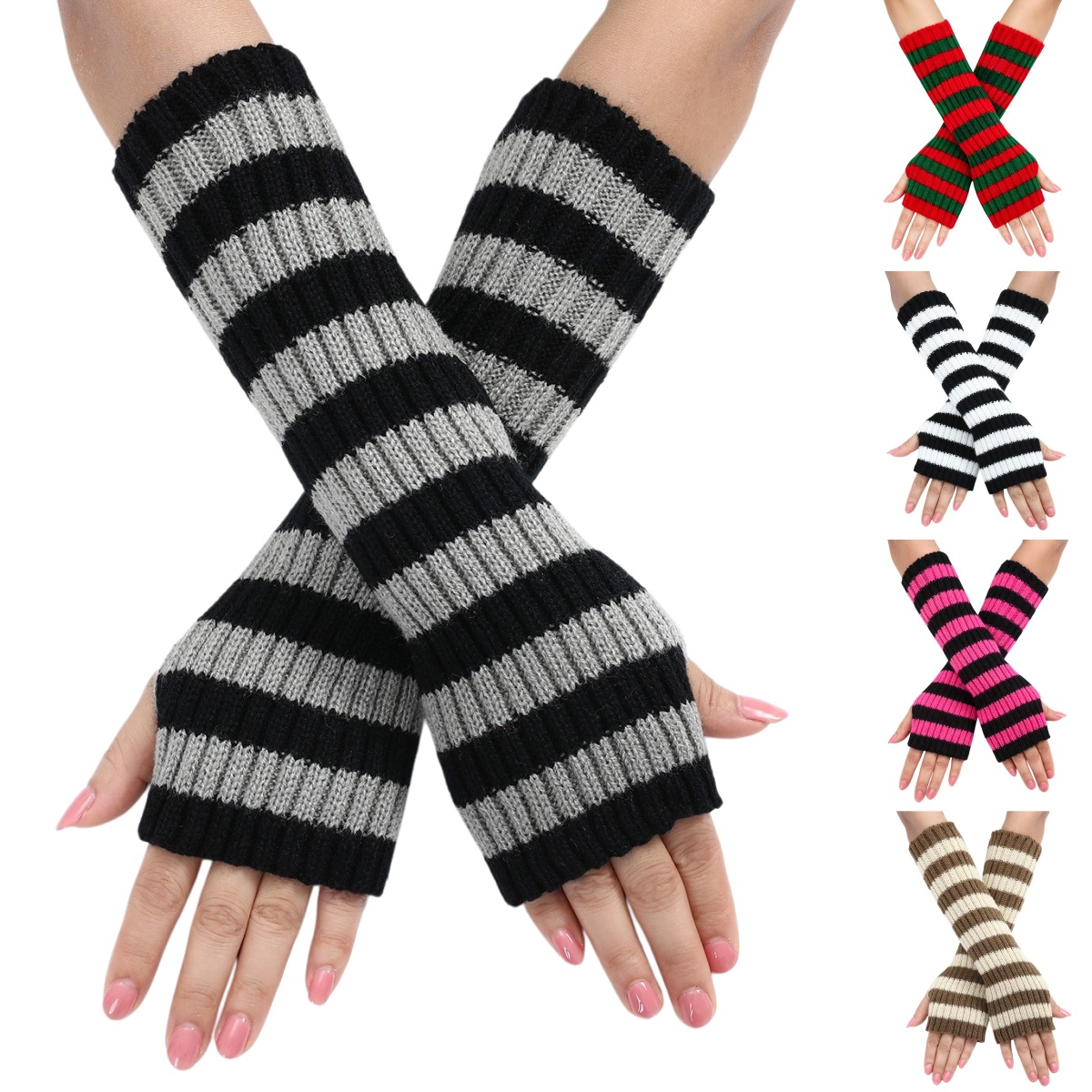 Fingerless Glove Knit - Y2K Çizgili Parmaksız Kol Isıtıcıları Kadın